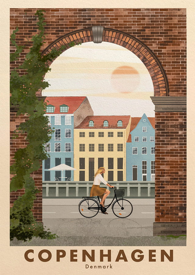 Copenhagen Denmark Travel Poster – Nyhavn & City Arch Wall Art