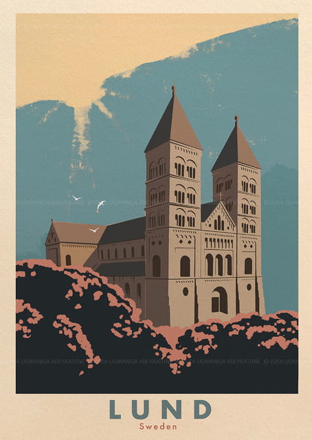 Lund Sweden Travel Poster – Lund Cathedral Historic Wall Art