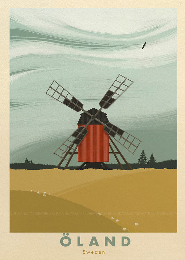 Öland Sweden Travel Poster – Windmill Coastal Wall Art Print
